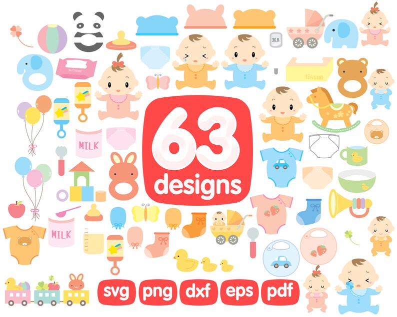 May include: A set of 63 baby-themed SVG, PNG, DXF, EPS, and PDF digital designs. The designs include a variety of baby items, such as toys, clothes, and accessories. The designs are perfect for creating personalized baby gifts, decorations, and crafts.