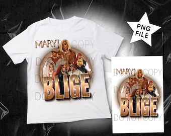 May include: White t-shirt with a gold graphic of Mary J. Blige and the text "MARY J. BLIGE" in a circle. The text "DO NOT COPY" is printed on the shirt and on a separate white t-shirt.