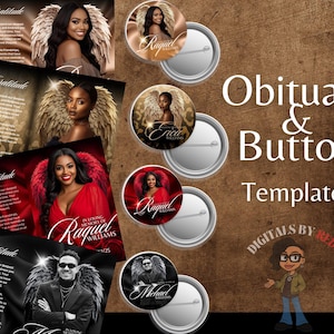 May include: Obituary and button templates featuring images of people with angel wings. The buttons have the names Raquel, Erica, and Michael. The text "With Gratitude" is visible on the templates. The text "In Loving Memory of Raquel Williams" is also visible.