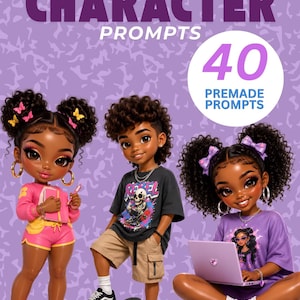 May include: A composition notebook cover titled Character Prompts with 40 premade prompts. The design features three illustrated characters: one standing with a pink outfit, one on a skateboard in a graphic t-shirt, and one sitting with a laptop.