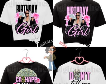 May include: Four crop top t-shirts with different designs. Two are white and two are black. One white shirt says "BIRTHDAY Girl" with a woman holding money. Another says "DON'T tell me JUST ZELLE ME". The other two shirts say "CA$HAPP IS MY love LANGUAGE" and "BIRTHDAY Girl".