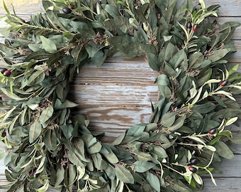 Faux Eucalyptus and Olive mixed greens farmhouse wreath for year round, everyday for front door or wall decor. Housewarming gift. Wedding