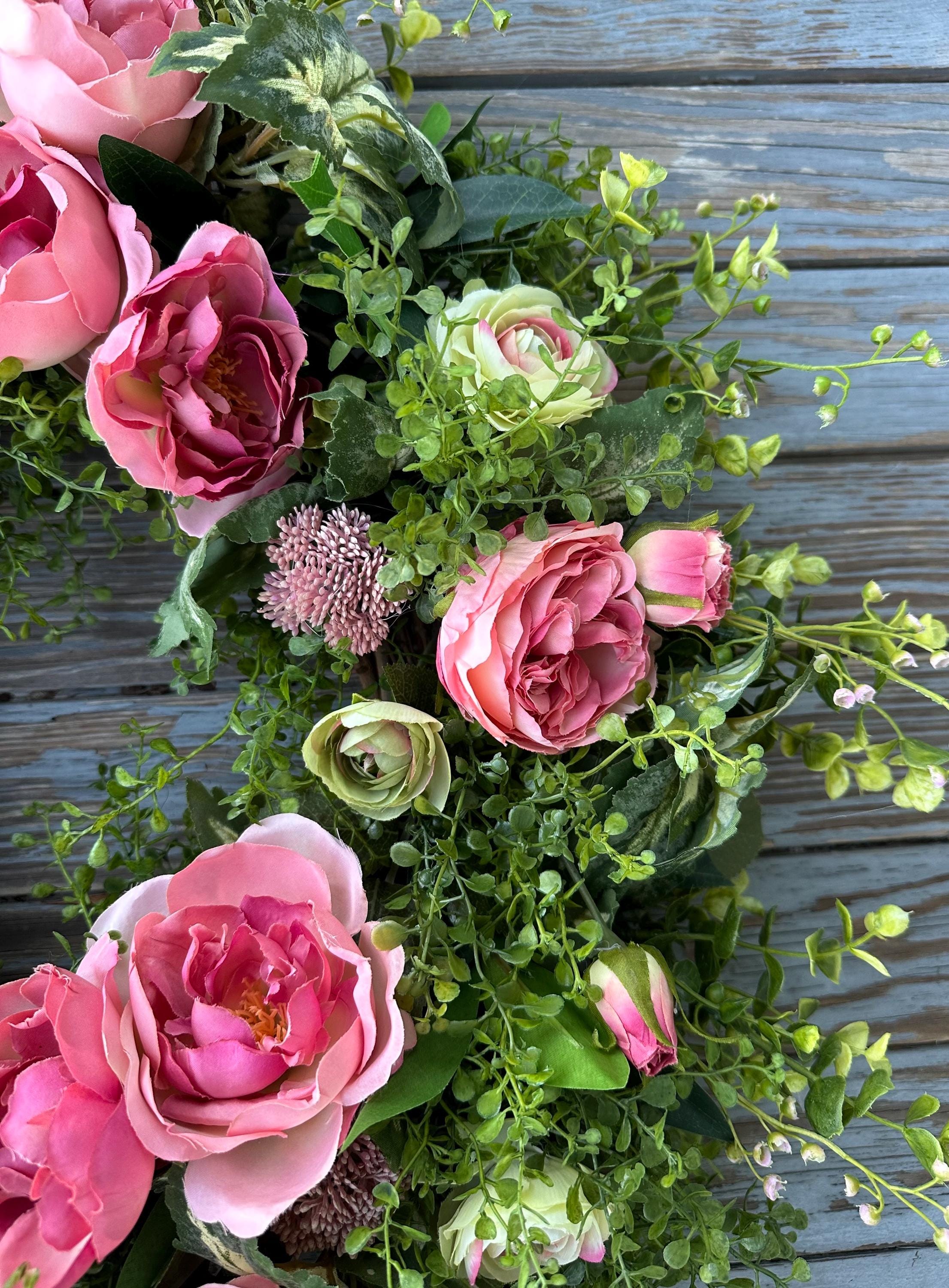 Farmhouse Roses READY TO SHIP!! Mixed Pink Roses and Ranunculus Farmhouse Wreath for ...