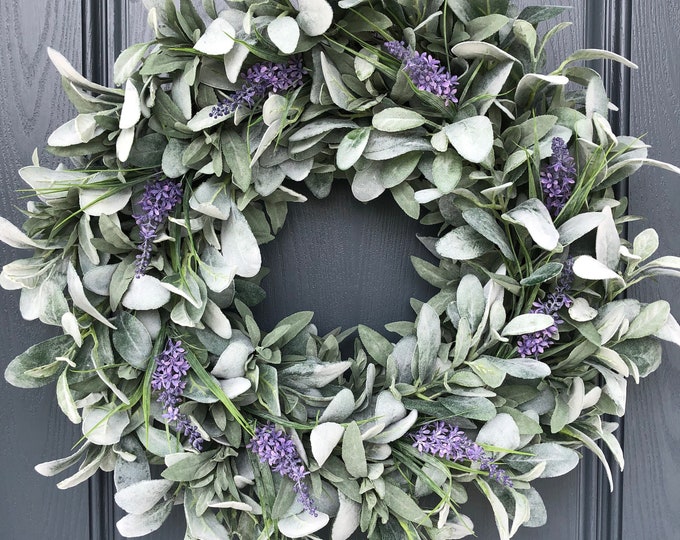 Lavender and Greens Faux Lambs Farmhouse Wreath | All Year Round ...