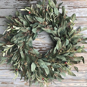 Faux Eucalyptus and Olive mixed greens farmhouse wreath for year round, everyday for front door or wall decor. Housewarming gift. Wedding