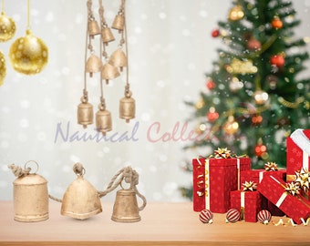 Juego de 3 campanas navideñas para decoración - Campanas de vaca para decoración rústica Campanas mixtas colgantes rústicas hechas a mano vintage de la suerte navideña