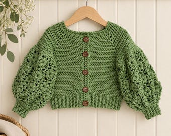 Modello PDF per cardigan da bambina all'uncinetto / da 12 mesi a 10 anni