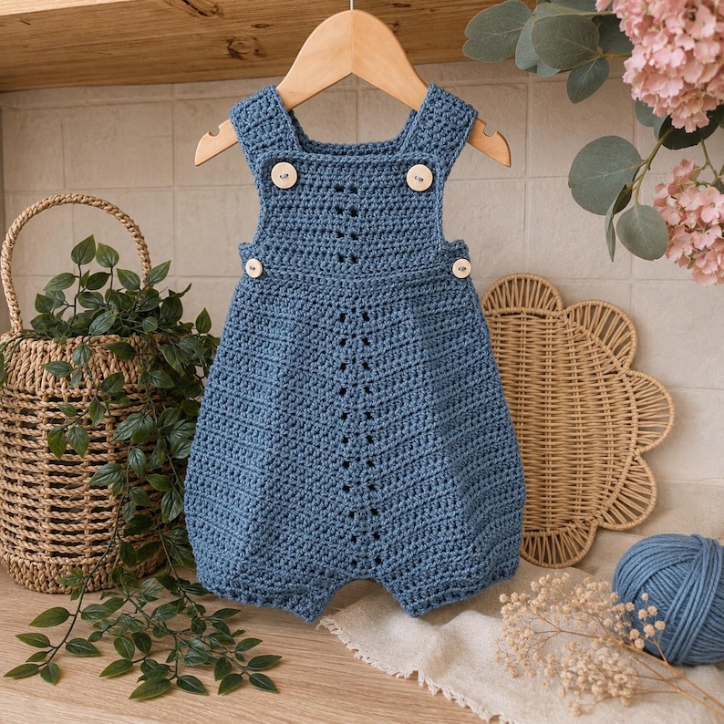 May include: A blue crochet romper featuring a textured stitch pattern with a vertical openwork design down the center. The garment has wide shoulder straps, a square neckline, and four light-colored wooden buttons attached at the front and sides.
