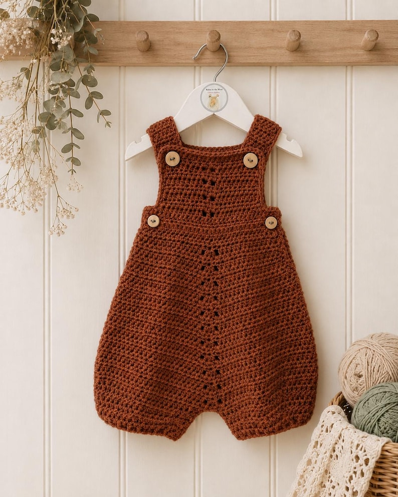 May include: A rust-colored crochet romper featuring a vertical openwork stitch pattern down the center, four light-colored wooden buttons at the shoulders and sides, and a wide leg opening, displayed on a white hanger against a paneled wall.