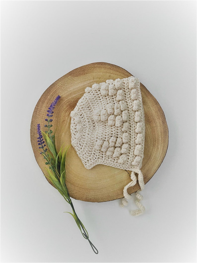 Bobble-Stitch Baby Bonnet crochet pattern listing photo by BabesintheWoolDesign