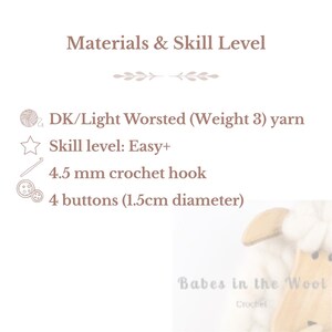May include: A text-based graphic titled Materials & Skill Level listing requirements: DK/Light Worsted Weight 3 yarn, Easy+ skill level, a 4.5 mm crochet hook, and 4 buttons with a 1.5cm diameter. The image includes a partial view of a sheep.
