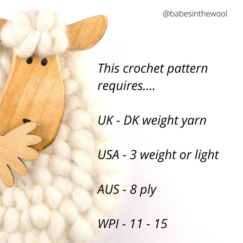 May include: A crochet pattern featuring a wooden sheep illustration. The pattern requires DK weight yarn, also known as US size 3 weight or light, 8 ply, or WPI 11-15.