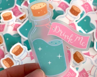 Alice in Wonderland sticker in transparent and resistant vinyl representing the drink me bottle