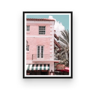 Estampado de pared rosa, Decoración de barra, Letrero de neón, Decoración de cocina, Estilo español, Palmera, Rosa y blanco, Fotografía de Miami, Impresión de viaje, Regalo, Arte