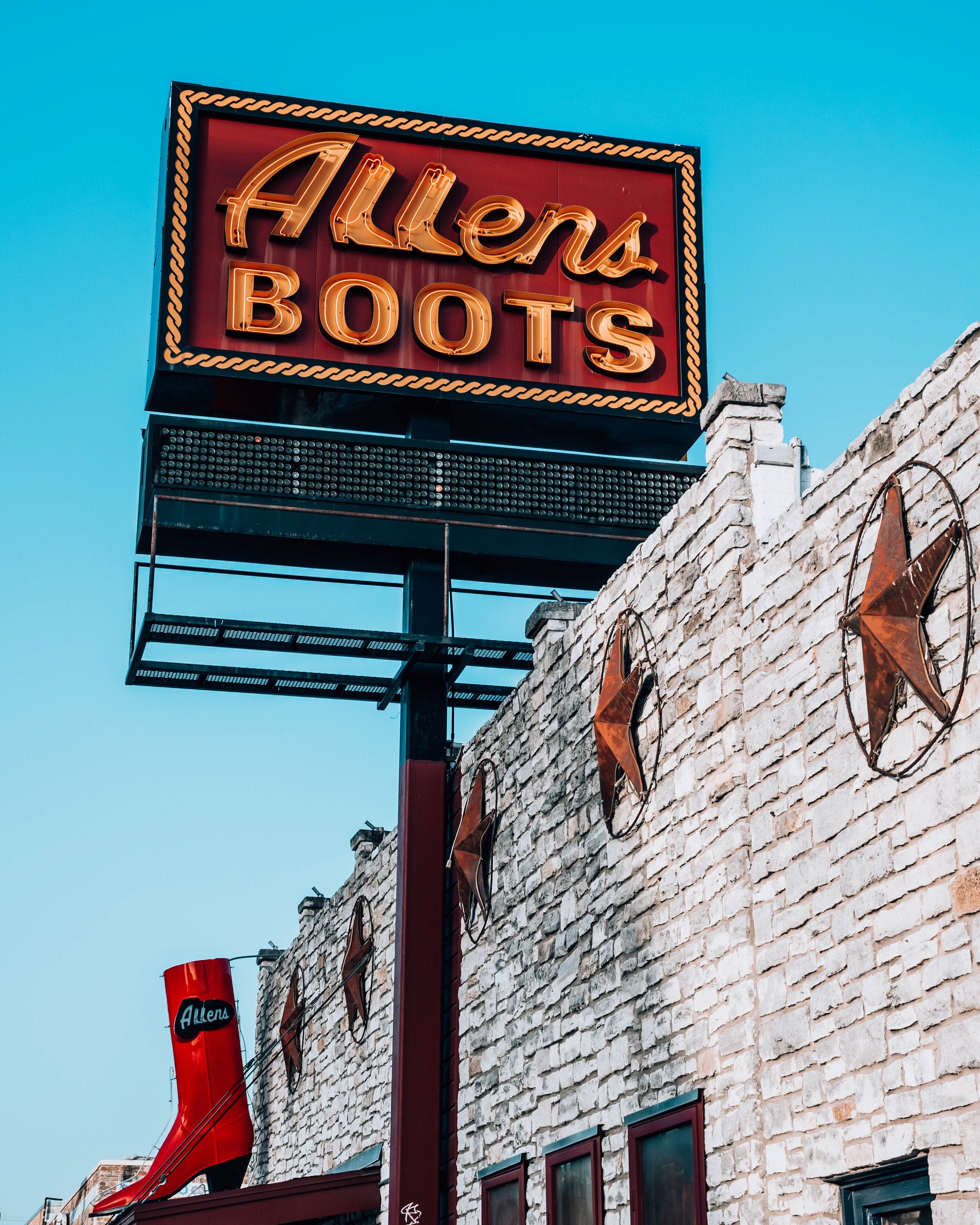 Austin Wall Art, Austin Photography, Neon Sign, Allens Boots, Soco