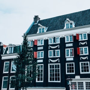 Amsterdam, Photography, Canal Row Houses, Netherlands Picture, Amsterdam Print, Amsterdam Wall Art,Blue and White, Home Decor, Red Door Gift