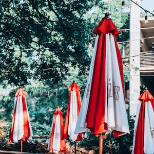 Red White Striped Umbrellas, Wall Art, Print, Home Decor, Outdoor, Pool, Lake House, Summer