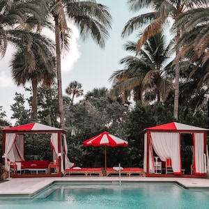 Beach Wall Print, Pool, Cabanas, Beach Wall Art, Palm Trees, Red White Stripe, Miami Beach, Florida, Home Decor, Travel Print, Umbrellas