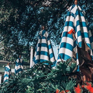 Blue White Stripe Umbrellas, Wall Art, Print, Home Decor, Outdoor, Pool, Lake House, Summer, Vertical