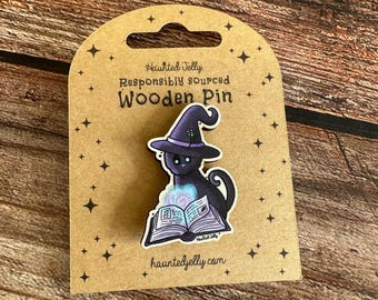 Lilac Witch Cat Wooden Pin Badge | Cute Cosy kitten chunky button badge | Fairytale wood Die Cut broach | Unique Magical kitty witchcraft