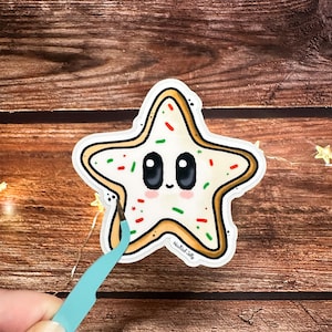 Pegatina de galleta de estrella navideña / Pegatina de invierno navideño / Pegatina de vinilo troquelado navideño, papelería festiva para hornear, linda pegatina holográfica