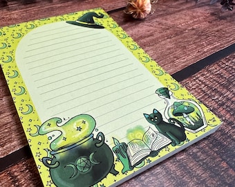 A6 Green Witch Notepad | Cute Cosy magic notebook | Nature Writing pad | Wicca Journal | Black Cat Stationery | Witchy spell Notepad book