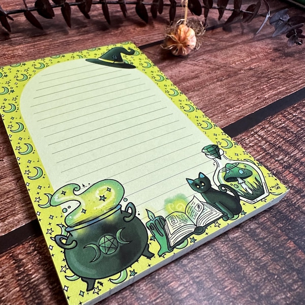 A6 Green Witch Notepad | Cute Cosy magic notebook | Nature Writing pad | Wicca Journal | Black Cat Stationery | Witchy spell Notepad book