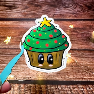 Adesivo per cupcake con albero di Natale / Adesivo invernale natalizio / Adesivo in vinile fustellato natalizio / Cancelleria per dolci festosi, simpatico adesivo olografico