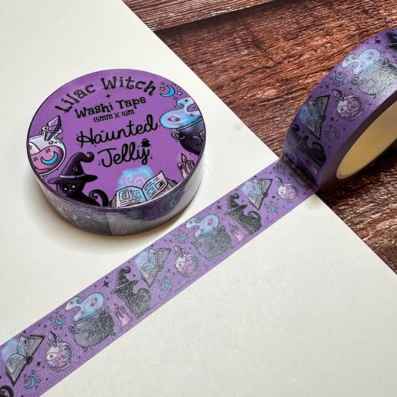 Lilac Witch Washi Tape | 15mm x 10m | Cute craft tape, spooky gift wrap | magic gift reusable tape | Halloween Stationery Japanese paper