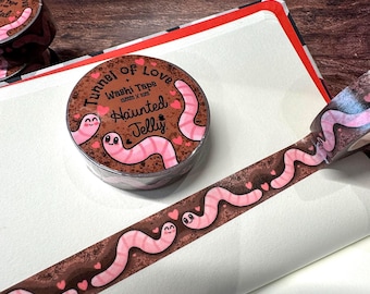 Worms in love Washi Tape | 15mm x 10m | Cute craft tape, garden gift wrap | pink gift reusable tape | worm tunnel Stationery Japanese paper