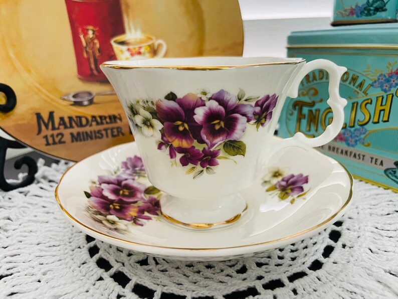 Vintage 1970s Connoisseur English Bone China Purple Pansies image 5