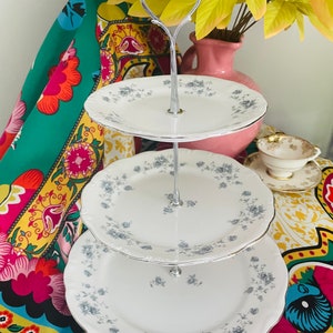 Vintage 1970s Johann Haviland Porcelain 3-Tiered Plate Stand - Blue Garland