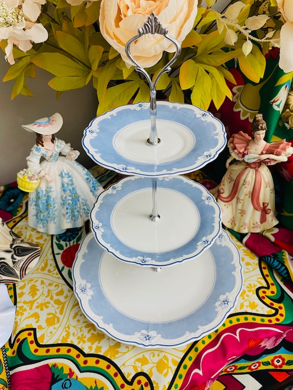 Vintage 1990s Hutschenreuther Bone China 3-tiered Plate Tray - Estelle Bleu