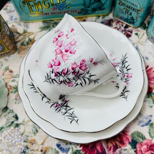 Może przedstawiać: Biały zestaw filiżanki i spodeczka do herbaty z kwiatowym wzorem. Filiżanka i spodeczek mają delikatny, falisty brzeg i srebrną obwódkę. Kwiatowy wzór przedstawia różowe i białe kwiaty z czarnymi łodygami i liśćmi.