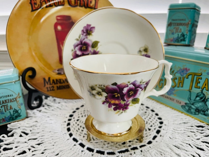 Vintage 1970s Connoisseur English Bone China Purple Pansies image 2