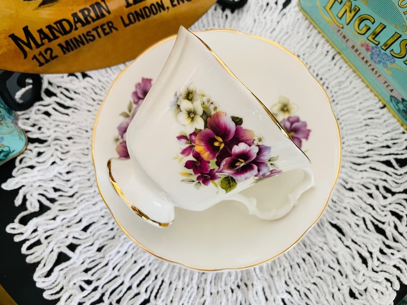 Vintage 1970s Connoisseur English Bone China Purple Pansies image 1