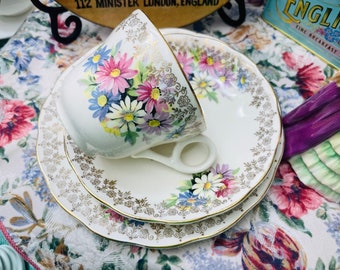 Vintage 1950s Grindley English Bone China Trio - Cream Petal