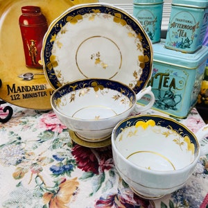 Antique Unmarked English Bone China Cobalt Blue. and Gold True Trio