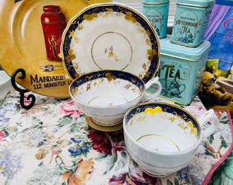 Antique Unmarked English Bone China Cobalt Blue. and Gold True Trio