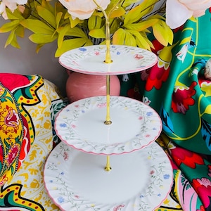Vintage 1980s Johnson Brothers Ironstone 3-Tiered Plate Cake Stand - Summer Chintz