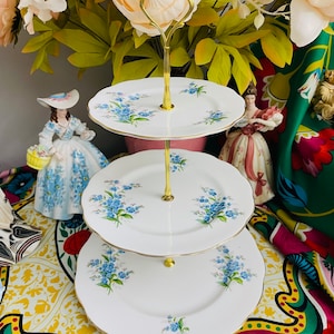 Vintage 1950s Royal Albert English Bone China 3-Tiered Plate Cake Stand - Forget Me Not