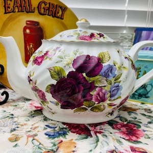 Vintage 1980s Arthur Wood & Sons English Bone China Teapot - Roses and Irises