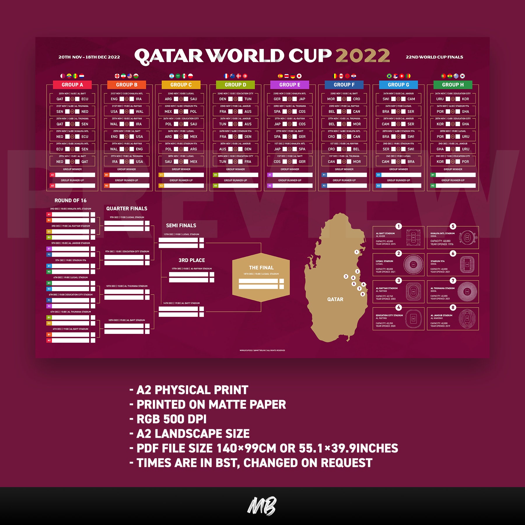 Qatar World Cup 2022 Football Championships Wall Chart Etsy Uk