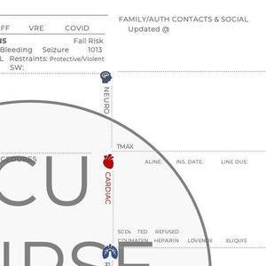 Może przedstawiać: Szablon wykresu medycznego z okrągłą grafiką z napisem "ICU NURSE SHOP". Wykres zawiera sekcje dotyczące danych pacjenta, środków ostrożności i wyników badań laboratoryjnych. Projekt jest głównie biały z szarym tekstem i kolorowymi ikonami.