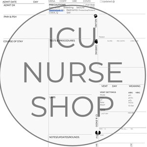 Może przedstawiać: Szary wykres ICU Nurse Shop z sekcjami na dane pacjenta, środki ostrożności i notatki. Centralny projekt zawiera słowa "ICU NURSE SHOP" w dużych, stylizowanych literach, otoczonych okrągłą obwódką.