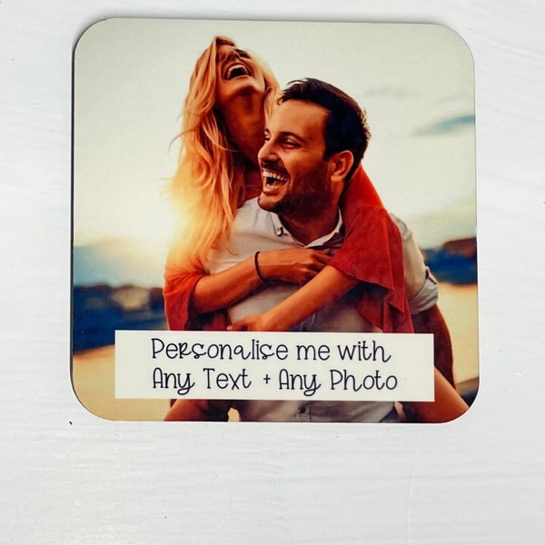 Personalised custom wooden coaster, Add your own photo(s) plus Any Text, 9cm x 9cm 4mm thick with cork back ,Made Next Day