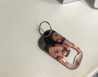 Double Sided .Personalsied Stainless Steel Photo / Text of your choice Bottle Opener Keyring.