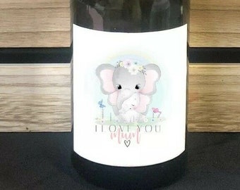 I Love You Personalised Wine Bottle label, Any Name, Elephant Design Mothers Day, Birthday