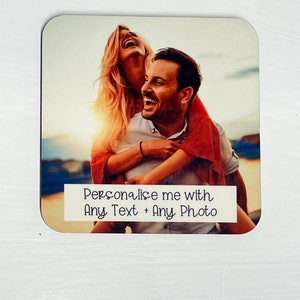 Personalised custom wooden coaster, Add your own photos plus Any Text, 9cm x 9cm 4mm thick with cork back ,Made Next Day image 5