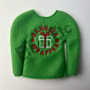 Gangsta Wrapper Sweater (Green), Elf Clothes, Elf Fun Photo Prop, 12&quot; Doll Clothes
